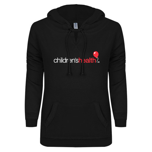  ENZA Womens Black V Notch Raw Edge Fleece Hoodie - Childrens Health Logo