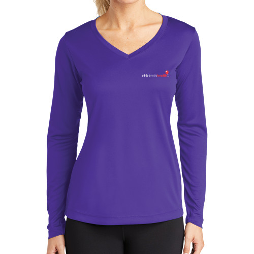  Womens Purple Performance Long Sleeve V Neck Shirt - Childrens Health Logo