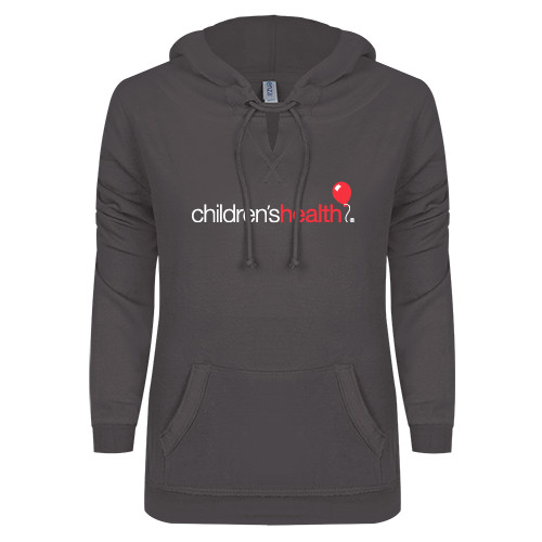  ENZA Womens Dark Heather V Notch Raw Edge Fleece Hoodie - Childrens Health Logo
