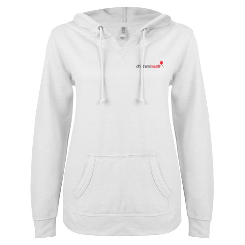  ENZA Womens White V Notch Raw Edge Fleece Hoodie - Childrens Health Logo
