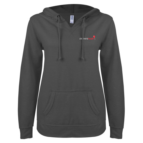  ENZA Womens Dark Heather V Notch Raw Edge Fleece Hoodie - Childrens Health Logo
