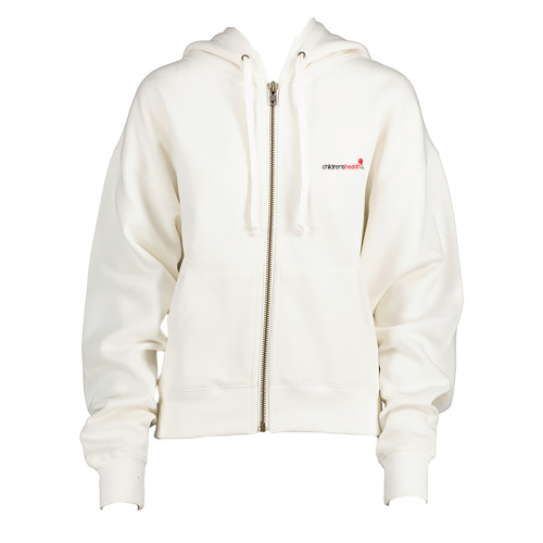  ENZA Womens White Boxy Full Zip Hood - Childrens Health Logo
