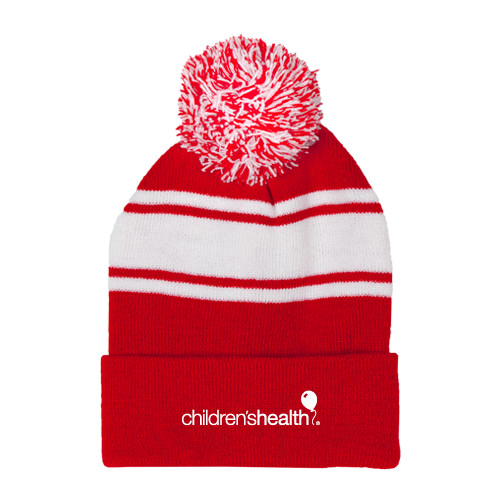  Red/White Two Tone Knit Pom Beanie w/Cuff - Childrens Health Logo