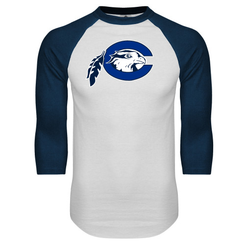  White/Navy Raglan Baseball T Shirt - Mascot Logo