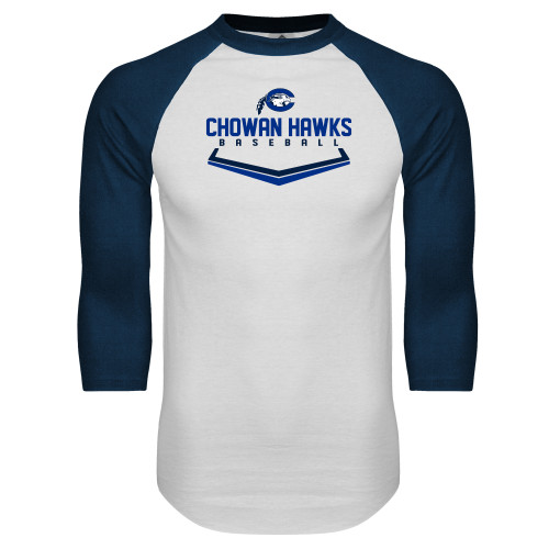  White/Navy Raglan Baseball T Shirt - Chowan Hawks Baseball