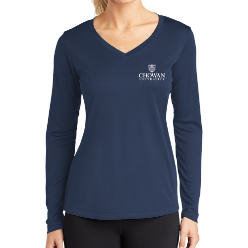  Womens Navy Performance Long Sleeve V Neck Shirt - Primary Mark