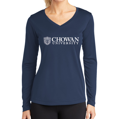  Womens Navy Performance Long Sleeve V Neck Shirt - Horizontal Primary Mark