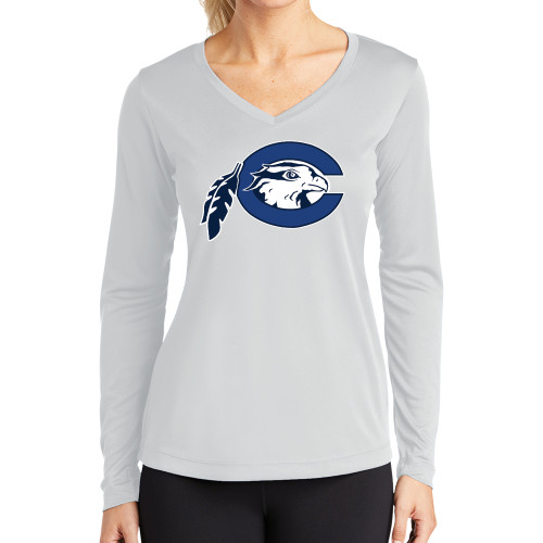  Womens White Performance Long Sleeve V Neck Shirt - Mascot Logo