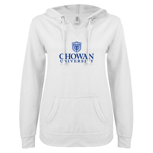  ENZA Womens White V Notch Raw Edge Fleece Hoodie - Primary Mark