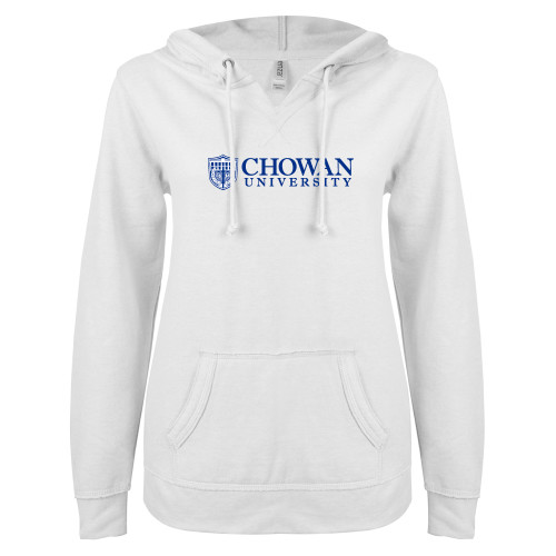  ENZA Womens White V Notch Raw Edge Fleece Hoodie - Horizontal Primary Mark