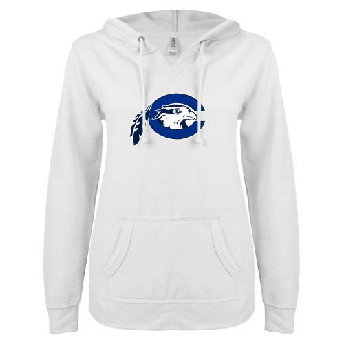  ENZA Womens White V Notch Raw Edge Fleece Hoodie - Mascot Logo