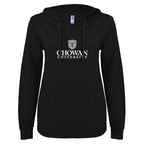  ENZA Womens Black V Notch Raw Edge Fleece Hoodie - Primary Mark