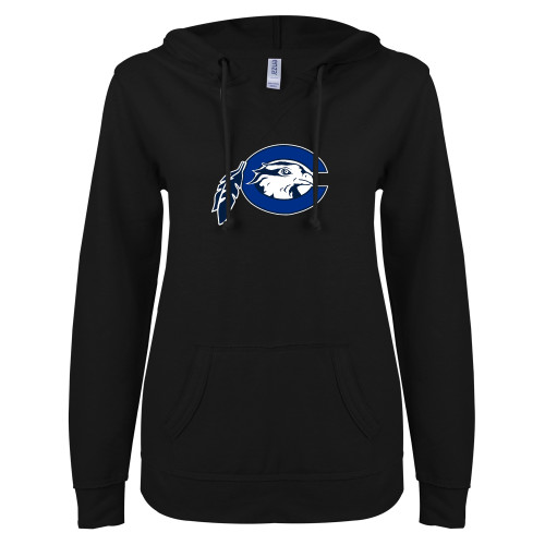  ENZA Womens Black V Notch Raw Edge Fleece Hoodie - Mascot Logo
