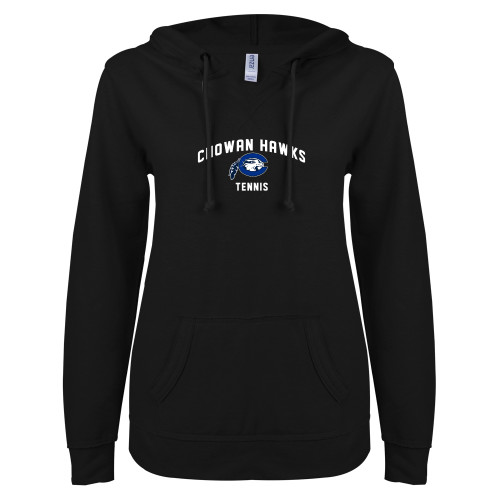  ENZA Womens Black V Notch Raw Edge Fleece Hoodie - Chowan Tennis