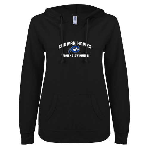  ENZA Womens Black V Notch Raw Edge Fleece Hoodie - Chowan Womens Swimming