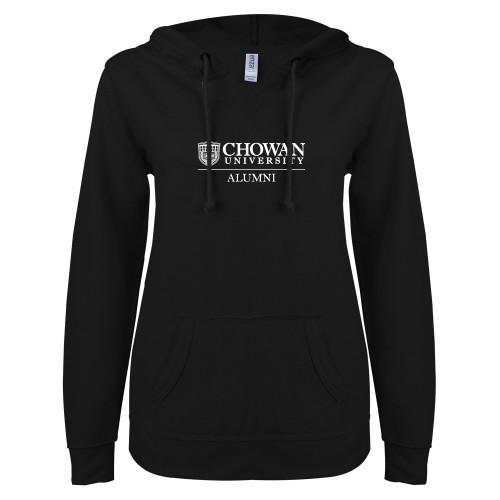  ENZA Womens Black V Notch Raw Edge Fleece Hoodie - Chowan Alumni