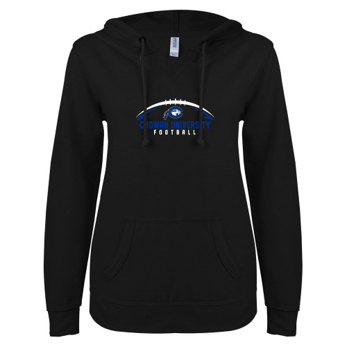  ENZA Womens Black V Notch Raw Edge Fleece Hoodie - Chowan University Football