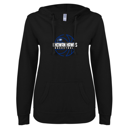  ENZA Womens Black V Notch Raw Edge Fleece Hoodie - Chowan Hawks Basketball