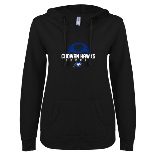  ENZA Womens Black V Notch Raw Edge Fleece Hoodie - Chowan Hawks Soccer
