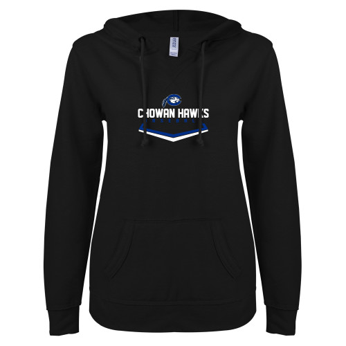  ENZA Womens Black V Notch Raw Edge Fleece Hoodie - Chowan Hawks Baseball