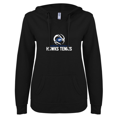  ENZA Womens Black V Notch Raw Edge Fleece Hoodie - Chowan Hawks Tennis