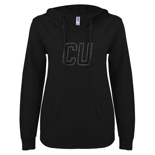  ENZA Womens Black V Notch Raw Edge Fleece Hoodie - CU Glitter Graphite Soft Glitter