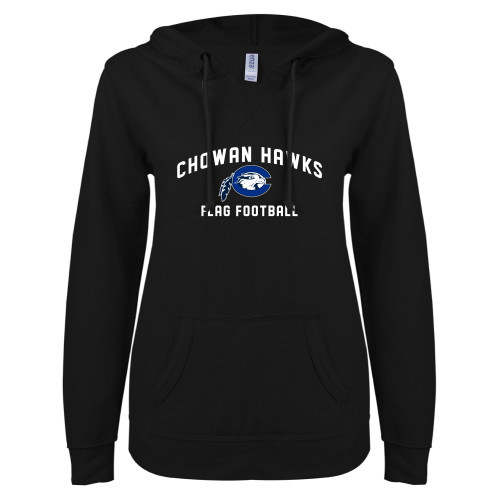  ENZA Womens Black V Notch Raw Edge Fleece Hoodie - Flag Football