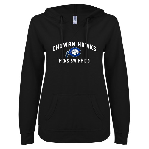  ENZA Womens Black V Notch Raw Edge Fleece Hoodie - Chowan Mens Swimming
