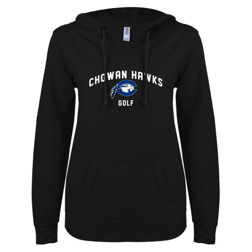  ENZA Womens Black V Notch Raw Edge Fleece Hoodie - Chowan Golf