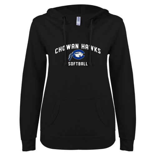  ENZA Womens Black V Notch Raw Edge Fleece Hoodie - Chowan Softball