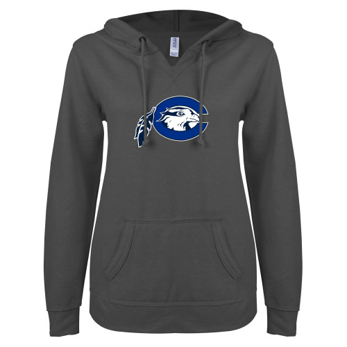  ENZA Womens Dark Heather V Notch Raw Edge Fleece Hoodie - Mascot Logo