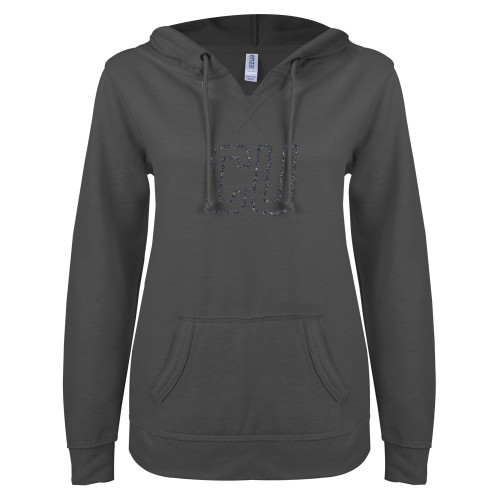  ENZA Womens Dark Heather V Notch Raw Edge Fleece Hoodie - CU Glitter Silver Soft Glitter