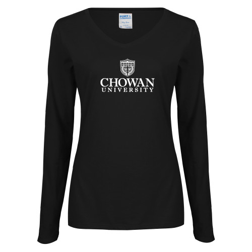  Womens Black Long Sleeve V Neck Tee  - Primary Mark
