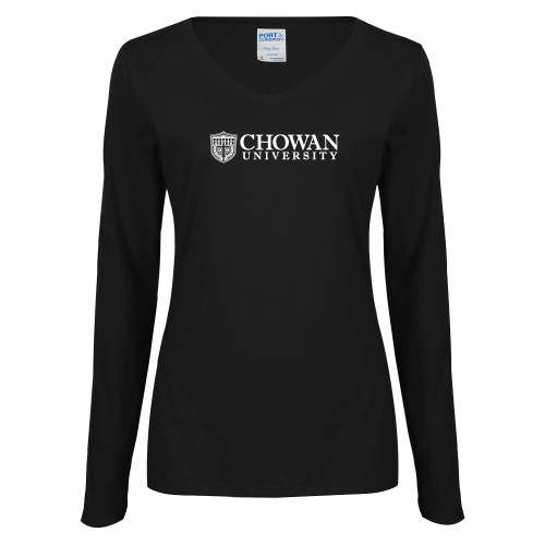  Womens Black Long Sleeve V Neck Tee  - Horizontal Primary Mark