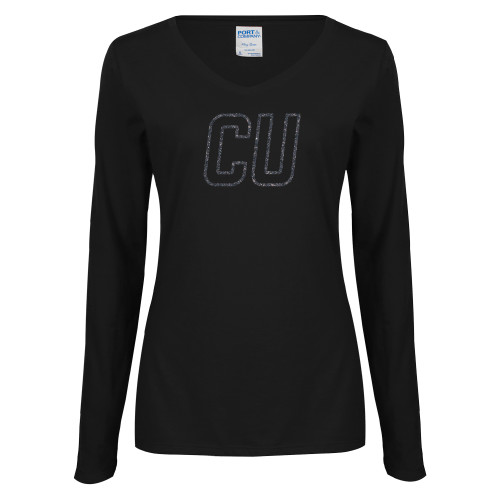  Womens Black Long Sleeve V Neck Tee  - CU Glitter Graphite Soft Glitter