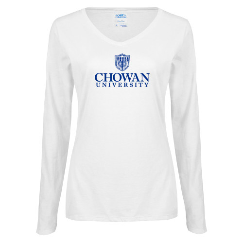  Womens White Long Sleeve V Neck Tee - Primary Mark