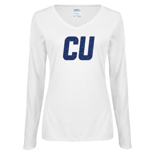  Womens White Long Sleeve V Neck Tee - CU Glitter Dark Blue Glitter