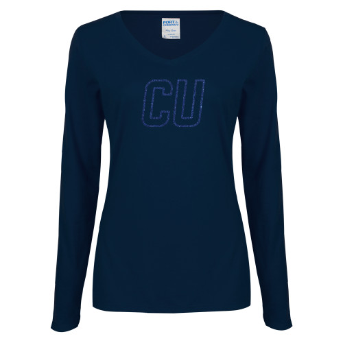  Womens Navy Long Sleeve V Neck Tee - CU Glitter Dark Blue Glitter