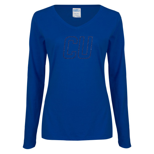  Womens Royal Long Sleeve V Neck Tee  - CU Glitter Dark Blue Glitter