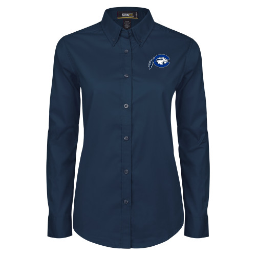  Womens Navy Twill Button Down Long Sleeve  - Mascot Logo