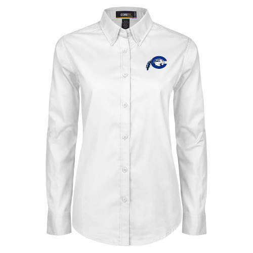  Womens White Twill Button Down Long Sleeve - Mascot Logo