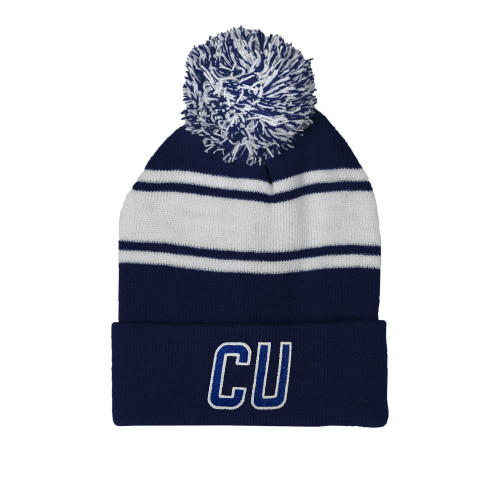  Navy/White Two Tone Knit Pom Beanie w/Cuff - CU Mark