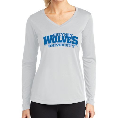  Womens White Performance Long Sleeve V Neck Shirt - Primary Mark