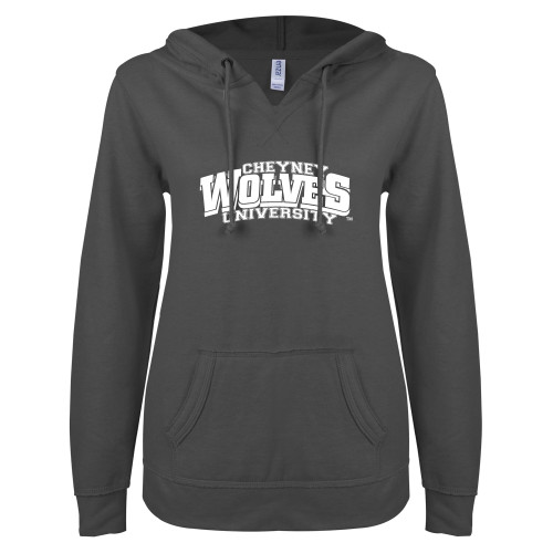  ENZA Womens Dark Heather V Notch Raw Edge Fleece Hoodie - Primary Mark