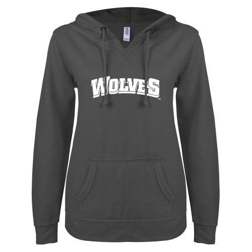  ENZA Womens Dark Heather V Notch Raw Edge Fleece Hoodie - Wolves