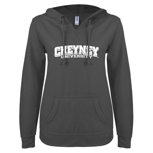  ENZA Womens Dark Heather V Notch Raw Edge Fleece Hoodie - Cheyney University