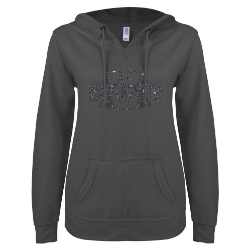  ENZA Womens Dark Heather V Notch Raw Edge Fleece Hoodie - Cheyney U Graphite Soft Glitter