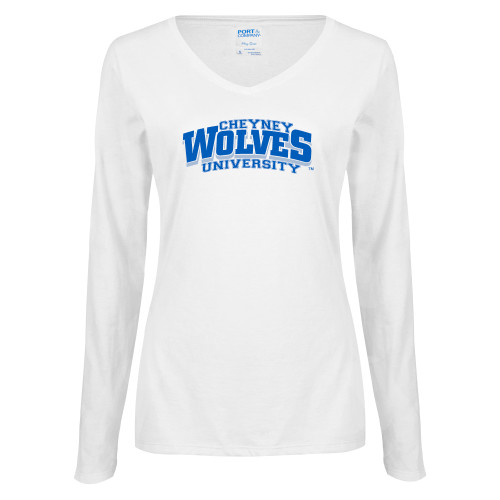  Womens White Long Sleeve V Neck Tee - Primary Mark