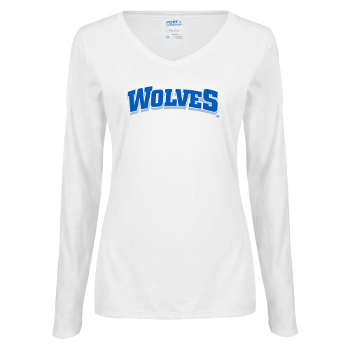  Womens White Long Sleeve V Neck Tee - Wolves
