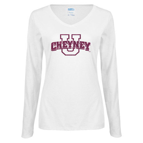 Cheyney U Penn Womens White Long Sleeve V Neck Tee